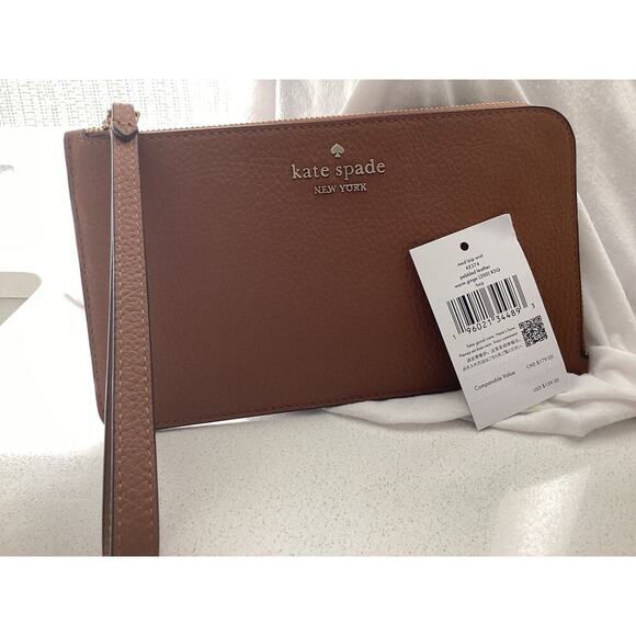 KATE SPADE NWT, Lucy Pebble Leather, medium Zip Wristlet, Warm Ginger/Tan/Saddle - Picture 2 of 6
